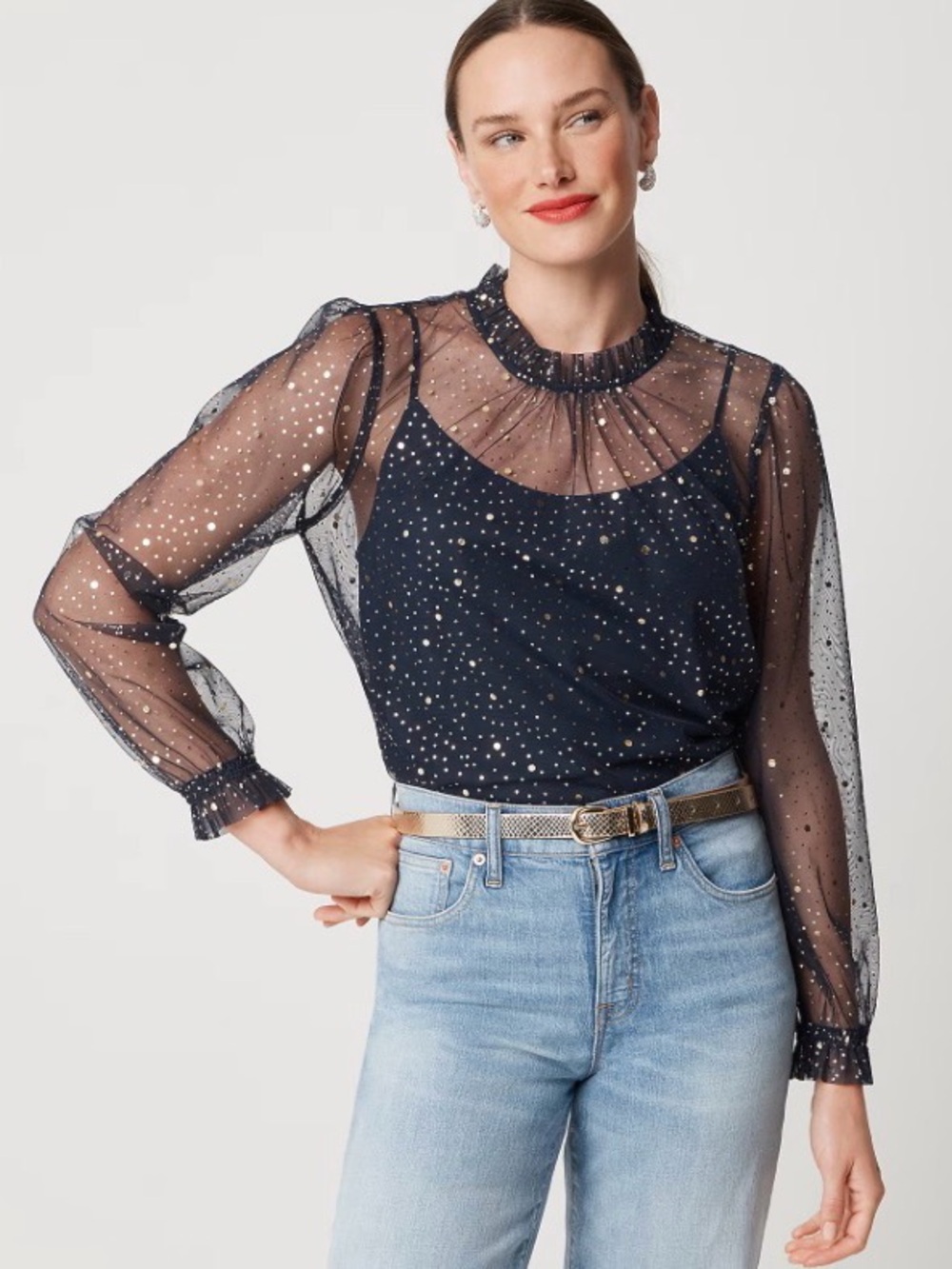 J. Crew Factory Navy Sheer Gold Print Sparkle tulle ruffleneck top